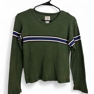 Vintage Abercrombie & Fitch Olive V-Neck Sweater with Navy Stripes